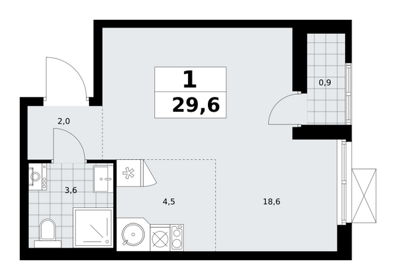 29,6 м², своб. планировка, 8/11 этаж