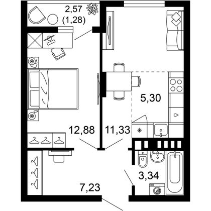 41,4 м², 2-комн. квартира, 2/10 этаж