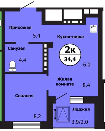 Продажа 2-комнатной квартиры 34,4 м², 10/19 этаж