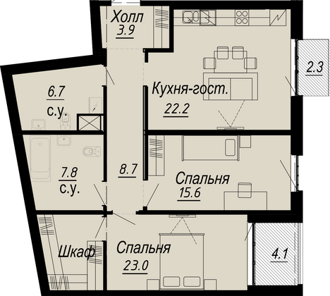 91,1 м², 2-комн. квартира, 6/8 этаж