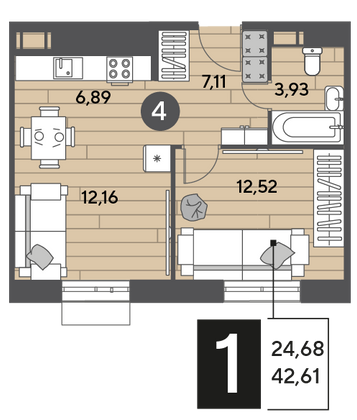 Продажа 1-комнатной квартиры 42,6 м², 2/9 этаж