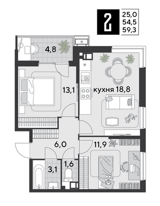 Продажа 2-комнатной квартиры 59,3 м², 9/18 этаж