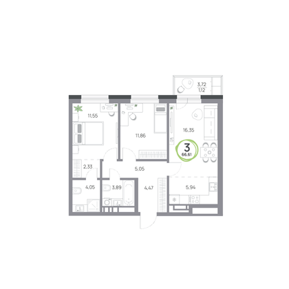 Продажа 3-комнатной квартиры 66,6 м², 2/9 этаж