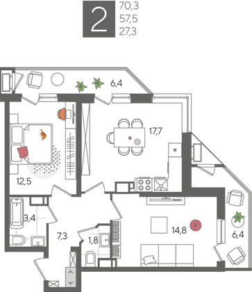 Продажа 2-комнатной квартиры 70,3 м², 21/24 этаж
