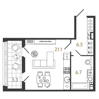 34,3 м², студия, 3/9 этаж