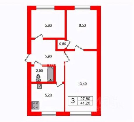 Продажа 3-комнатной квартиры 41,9 м², 2/5 этаж