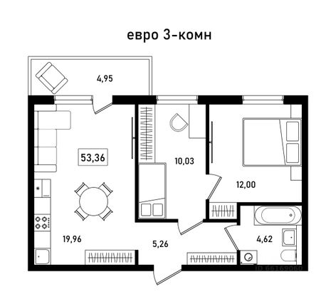 Продажа 2-комнатной квартиры 53,4 м², 2/15 этаж