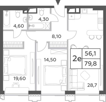 79,8 м², 3-комн. квартира, 37/52 этаж