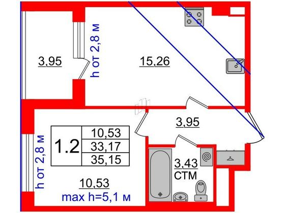 Продажа 1-комнатной квартиры 33,2 м², 4/4 этаж
