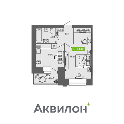 34,4 м², 1-комн. квартира, 8/9 этаж