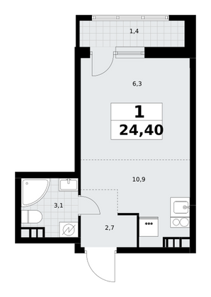 24,4 м², своб. планировка, 4/10 этаж