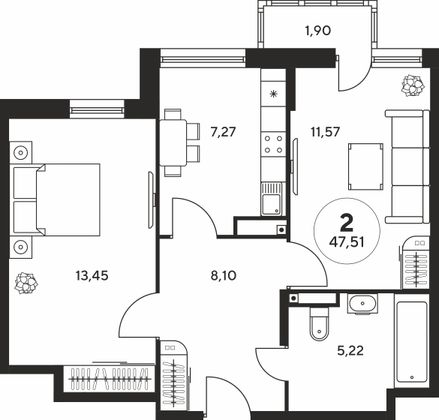 47,4 м², 2-комн. квартира, 23 этаж