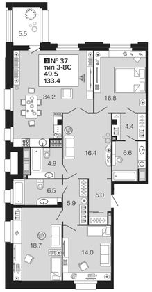 Продажа 4-комнатной квартиры 133,3 м², 7/9 этаж