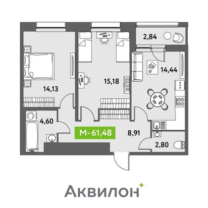 61,5 м², 2-комн. квартира, 2/12 этаж