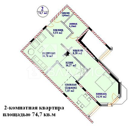 Продажа 2-комнатной квартиры 74,6 м², 5/16 этаж