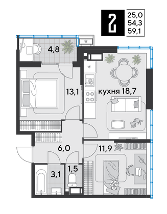 Продажа 2-комнатной квартиры 59,1 м², 17/18 этаж