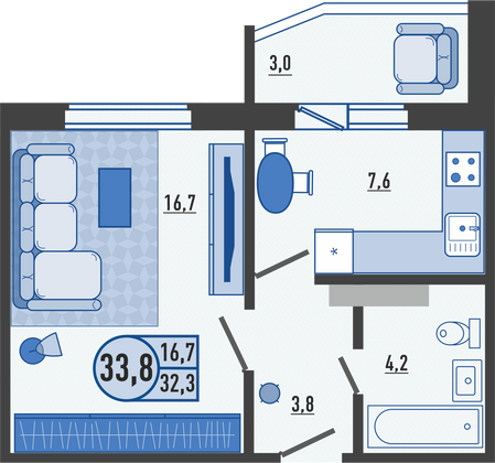 33,8 м², 1-комн. квартира, 2/16 этаж