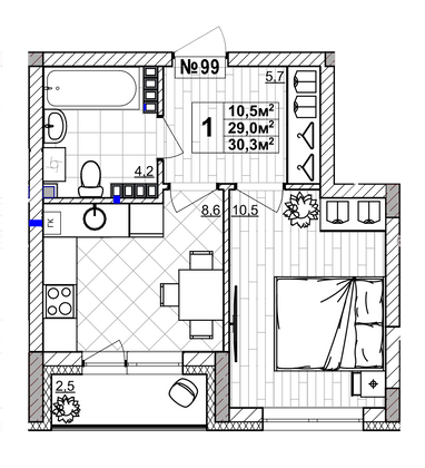 Продажа 1-комнатной квартиры 30,3 м², 4/4 этаж