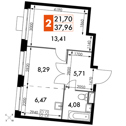 38 м², 2-комн. квартира, 2/15 этаж