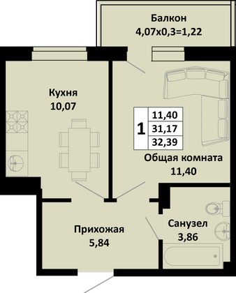 32,4 м², 1-комн. квартира, 2/4 этаж