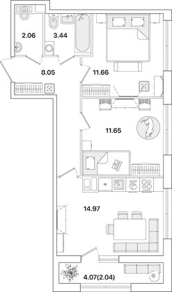 53,9 м², 2-комн. квартира, 3/12 этаж