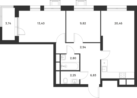 60,4 м², 3-комн. квартира, 6/29 этаж