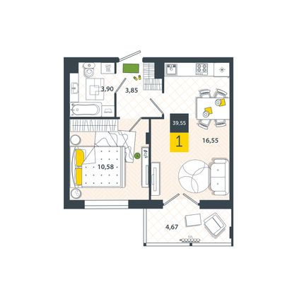 Продажа 1-комнатной квартиры 39,5 м², 2/8 этаж