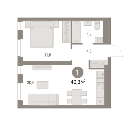 40,3 м², 1-комн. квартира, 2/7 этаж