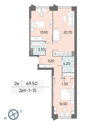 Продажа 2-комнатной квартиры 69,5 м², 15/58 этаж