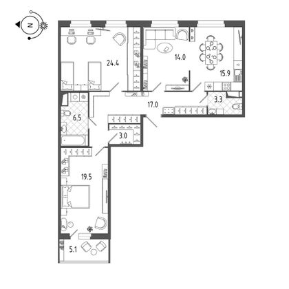 106,3 м², 3-комн. квартира, 2/19 этаж