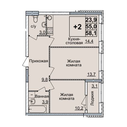 Продажа 2-комнатной квартиры 58 м², 2/20 этаж