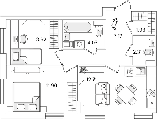 49 м², 2-комн. квартира, 1/9 этаж