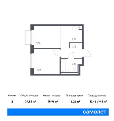 34,8 м², 2-комн. квартира, 2/17 этаж