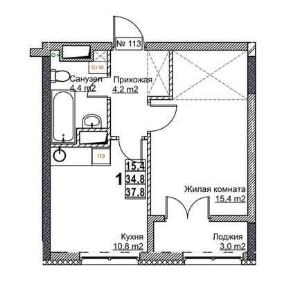 Продажа 1-комнатной квартиры 37,8 м², 14/24 этаж