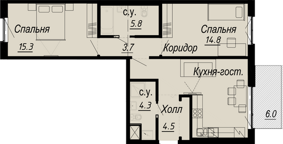 71,5 м², 2-комн. квартира, 6/8 этаж