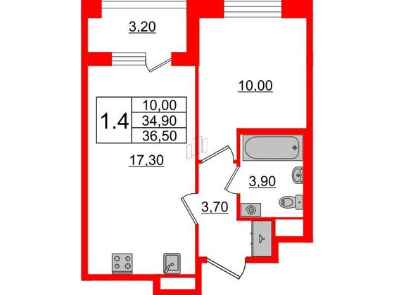 Продажа 1-комнатной квартиры 34,9 м², 4/4 этаж