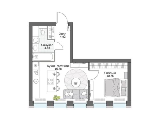 36,3 м², 1-комн. квартира, 2/10 этаж