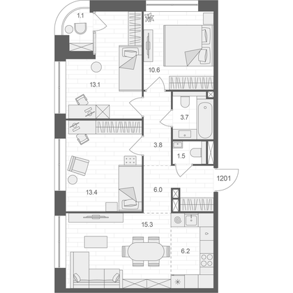 74,2 м², 3-комн. квартира, 12/12 этаж