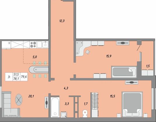 Продажа 3-комнатной квартиры 79,6 м², 19/24 этаж