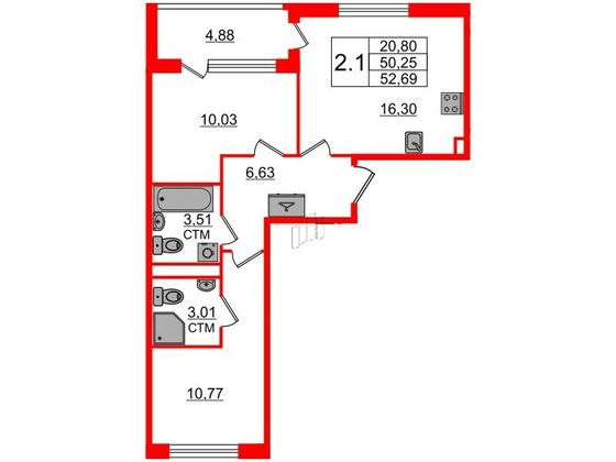 Продажа 2-комнатной квартиры 50,3 м², 2/4 этаж