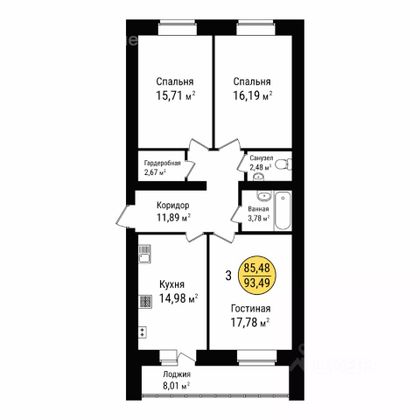 Продажа 3-комнатной квартиры 93,5 м², 1/9 этаж