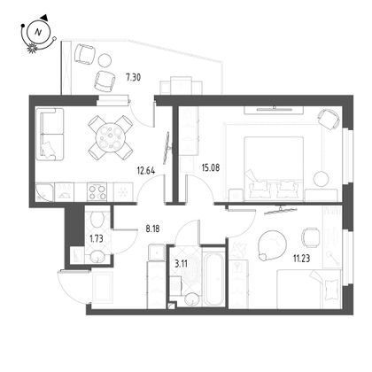 53,8 м², 2-комн. квартира, 19/25 этаж