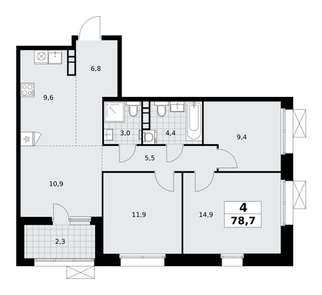 78,7 м², 4-комн. квартира, 18/21 этаж