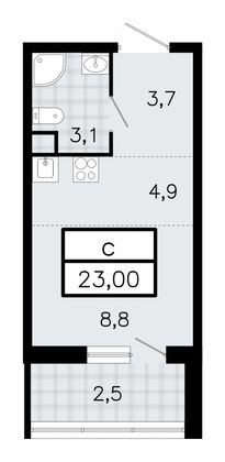 23 м², студия, 4/12 этаж