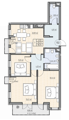 86,2 м², 3-комн. квартира, 1/7 этаж