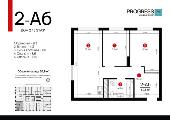 Продажа 2-комнатной квартиры 50,3 м², 8/18 этаж