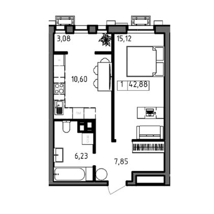 Продажа 1-комнатной квартиры 42,9 м², 11/23 этаж
