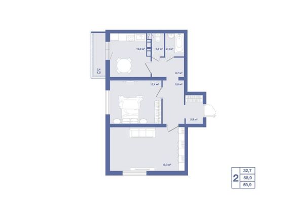 Продажа 2-комнатной квартиры 59,9 м², 4/10 этаж