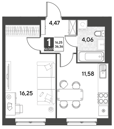 Продажа 1-комнатной квартиры 36,4 м², 24/25 этаж