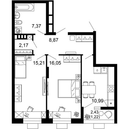 61,9 м², 2-комн. квартира, 3/10 этаж